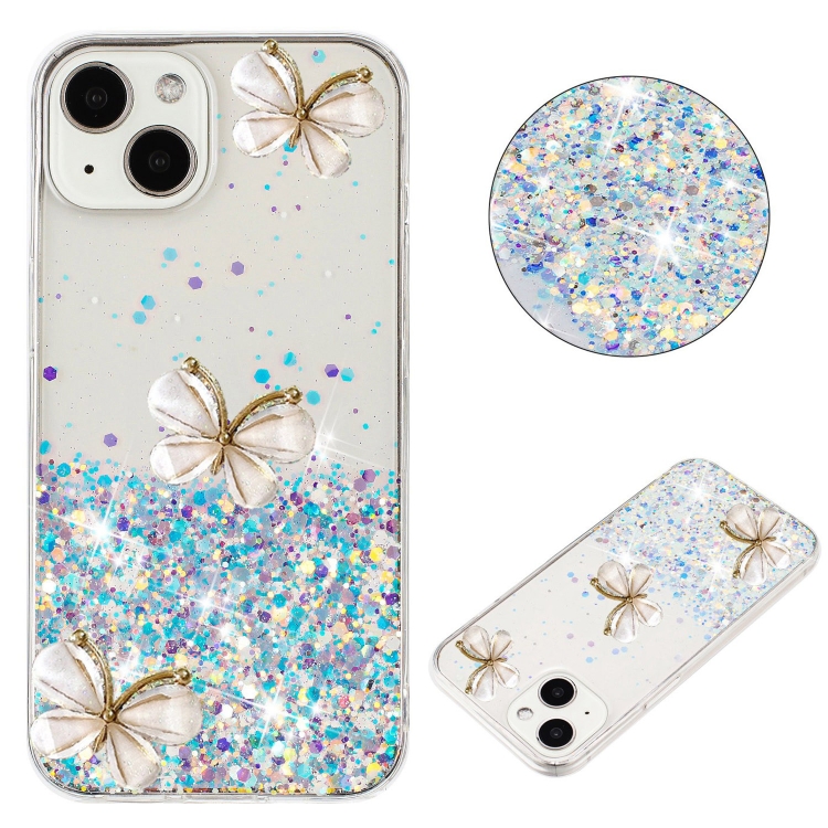 

For iPhone 14 Plus Luminous Starry Sky Glitter Butterfly TPU Phone Case(White)