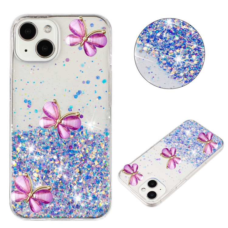 

For iPhone 14 Luminous Starry Sky Glitter Butterfly TPU Phone Case(Purple)