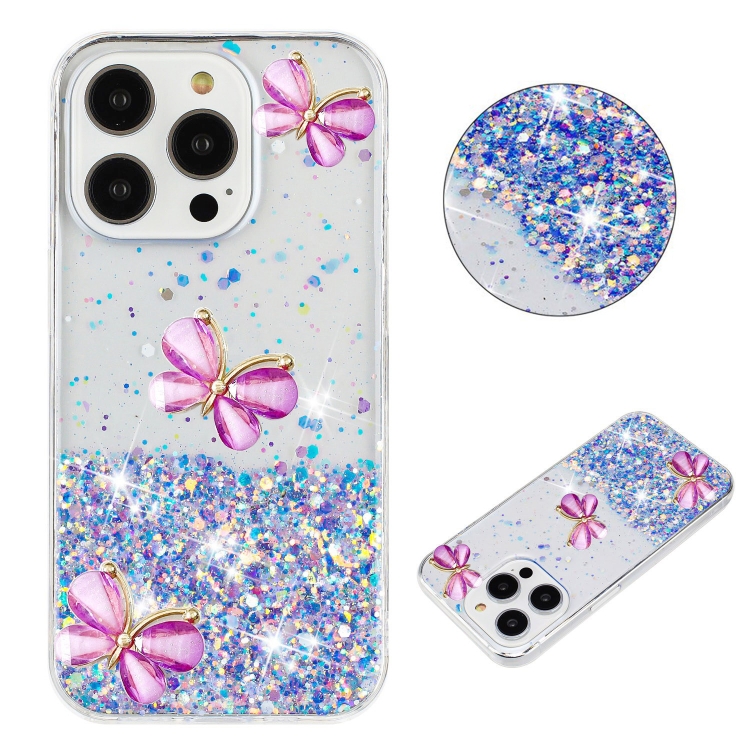 

For iPhone 14 Pro Max Luminous Starry Sky Glitter Butterfly TPU Phone Case(Purple)