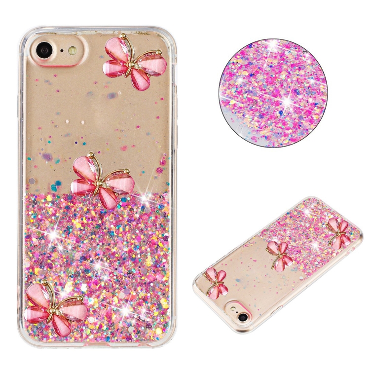 

For iPhone 7 / 8 / SE 2022 Luminous Starry Sky Glitter Butterfly TPU Phone Case(Pink)