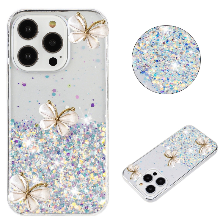 

For iPhone 13 Pro Max Luminous Starry Sky Glitter Butterfly TPU Phone Case(White)