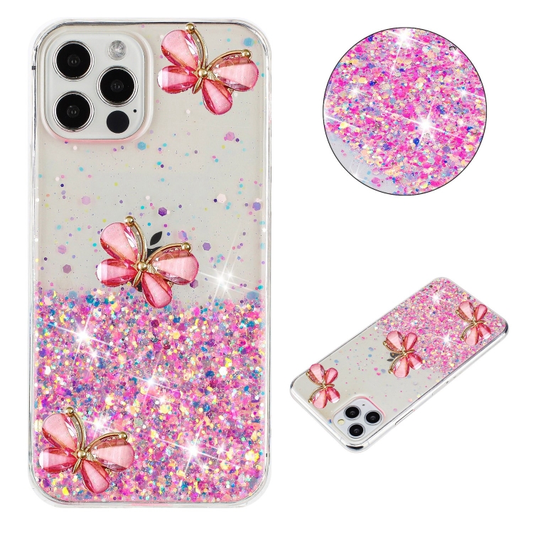 

For iPhone 12 / 12 Pro Luminous Starry Sky Glitter Butterfly TPU Phone Case(Pink)