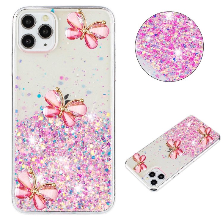 

For iPhone 11 Pro Max Luminous Starry Sky Glitter Butterfly TPU Phone Case(Pink)