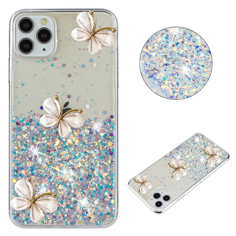 

For iPhone 11 Pro Max Luminous Starry Sky Glitter Butterfly TPU Phone Case(White)