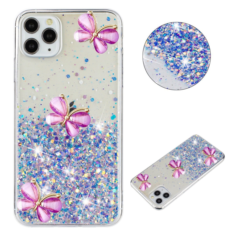 

For iPhone 11 Pro Luminous Starry Sky Glitter Butterfly TPU Phone Case(Purple)