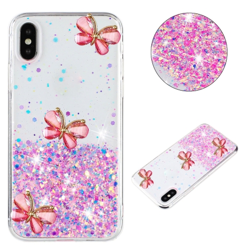 

For iPhone X / XS Luminous Starry Sky Glitter Butterfly TPU Phone Case(Pink)