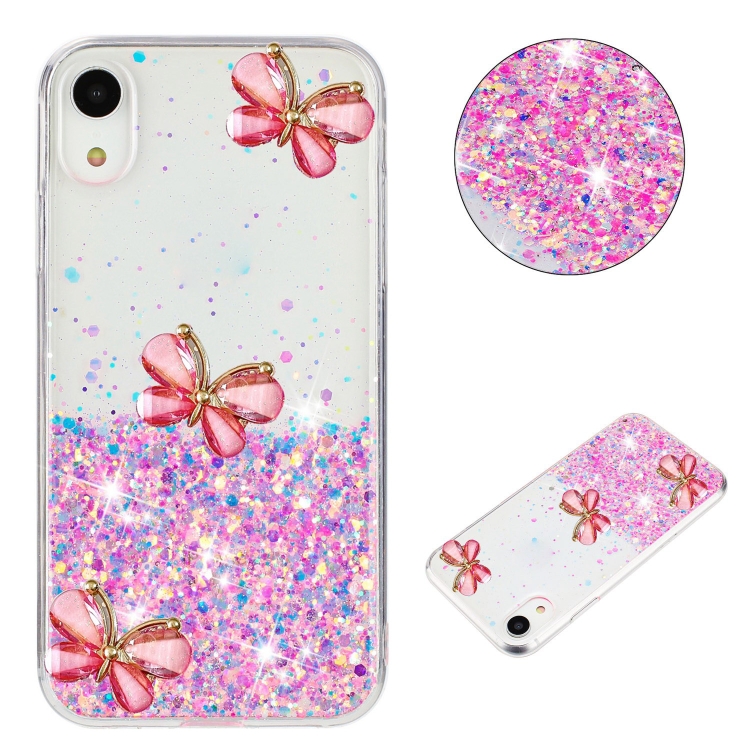 

For iPhone XR Luminous Starry Sky Glitter Butterfly TPU Phone Case(Pink)