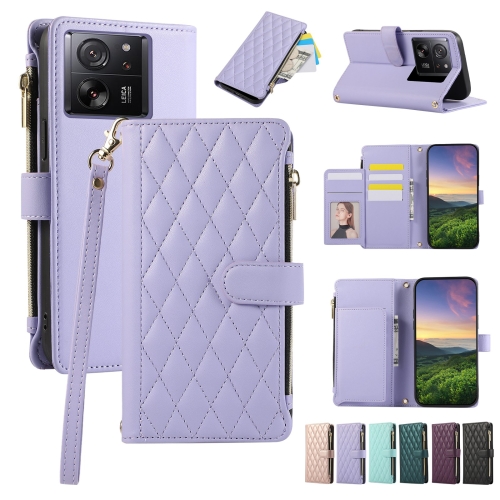 

For Xiaomi 13T / 13T Pro Rhombic Zipper Wallet Leather Phone Case(Purple)