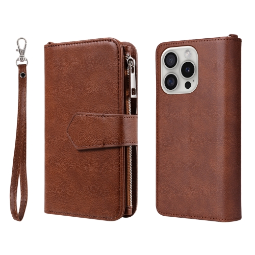 

For iPhone 16 Pro Solid Color 2 in 1 Zipper Shockproof Phone Case(Brown)
