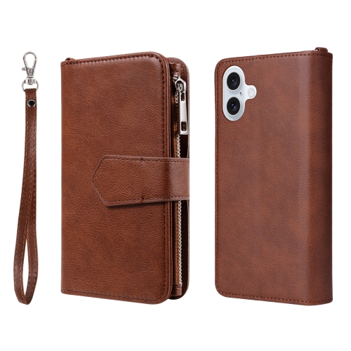 

For iPhone 16 Plus Solid Color 2 in 1 Zipper Shockproof Phone Case(Brown)