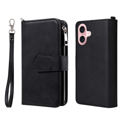 

For iPhone 16 Solid Color 2 in 1 Zipper Shockproof Phone Case(Black)