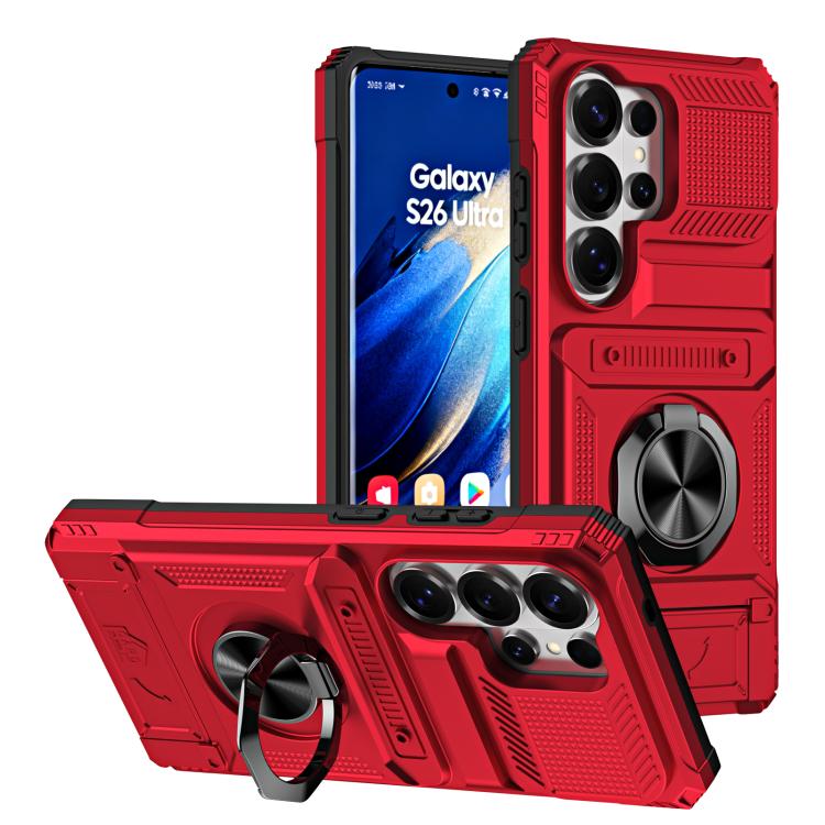 

For Samsung Galaxy S26 Ultra 5G TPU Hybrid PC Shockproof Card Phone Case with Metal Ring Holder(Red)