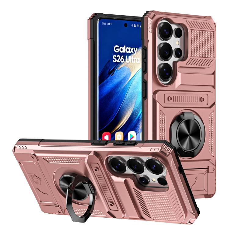 

For Samsung Galaxy S26 Ultra 5G TPU Hybrid PC Shockproof Card Phone Case with Metal Ring Holder(Rose Gold)