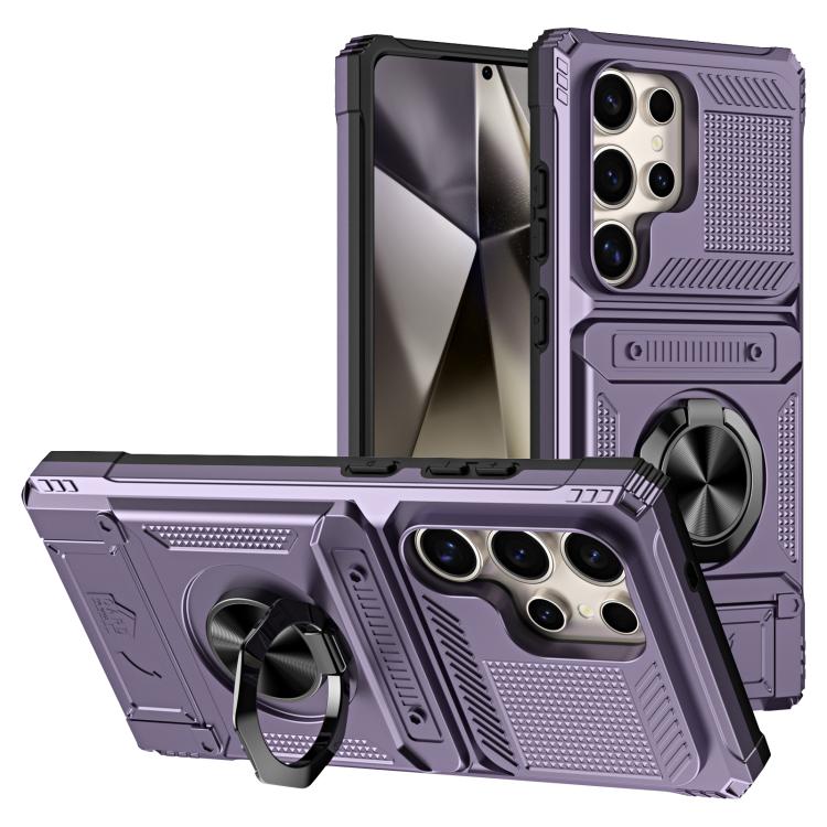 

For Samsung Galaxy S25 Ultra 5G TPU Hybrid PC Shockproof Card Phone Case with Metal Ring Holder(Purple)