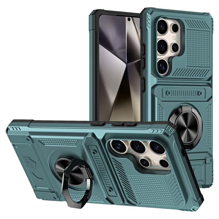 

For Samsung Galaxy S25 Ultra 5G TPU Hybrid PC Shockproof Card Phone Case with Metal Ring Holder(Green)