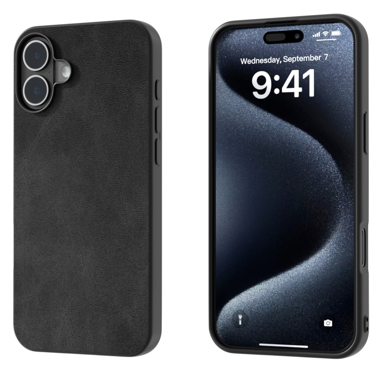 

For iPhone 16 Black Frame Two-color Calf Texture PU Phone Case(Black)