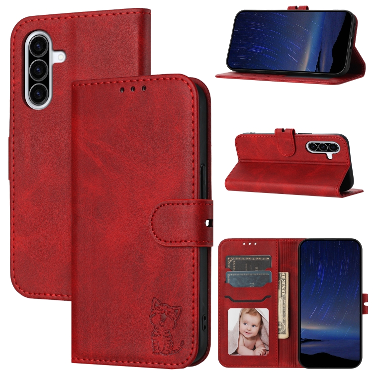 

For Samsung Galaxy A36 5G Embossed Happy Cat Pattern Flip Leather Phone Case(Red)