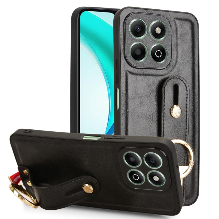 

For Honor X6b Wristband Leather Back Phone Case(Black)