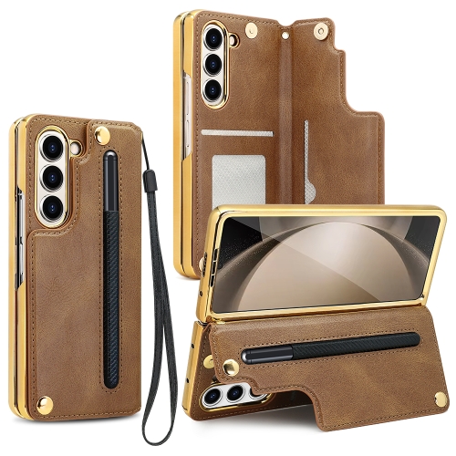 

For Samsung Galaxy Z Fold6 VIETAO Film Integrated Folding Holder Flip PU Phone Case(Brown)