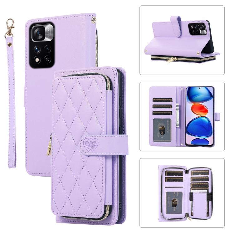 

For Redmi Note 11 Pro Global Rhombic Full Zipper Wallet Leather Phone Case(Purple)