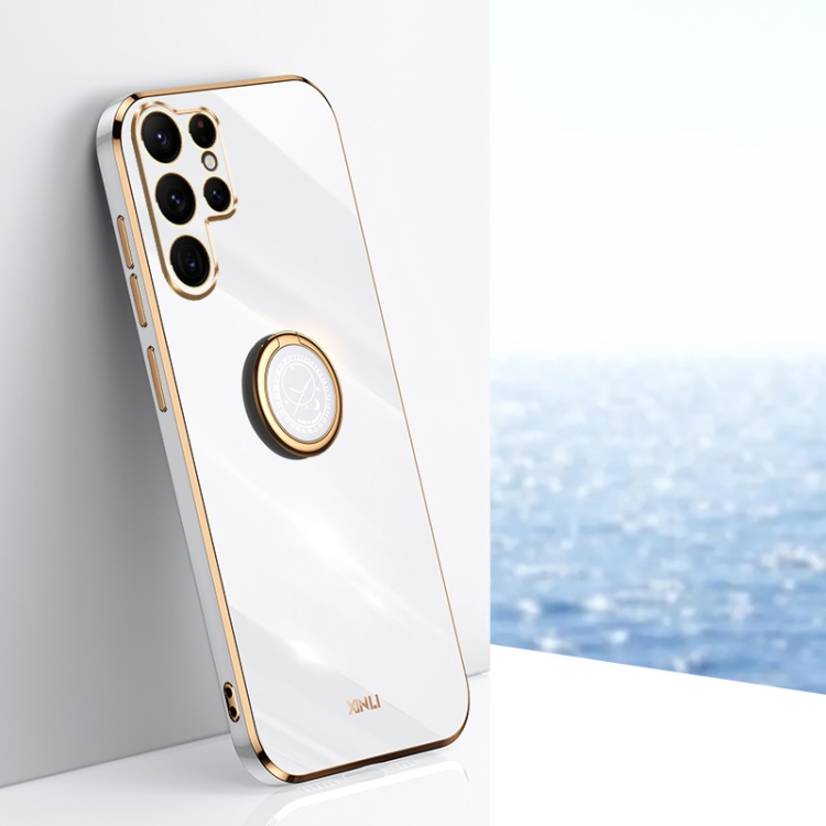

For Samsung Galaxy S25 Ultra 5G XINLI Straight Edge 6D Electroplate TPU Phone Case with Ring Holder(White)