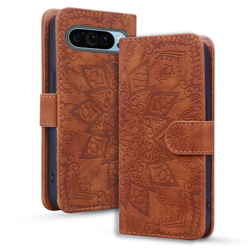 

For Google Pixel 9 Pro XL Mandala Embossed Dual-Fold Calf Leather Phone Case(Brown)