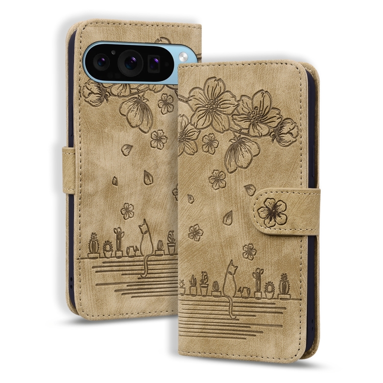 

For Google Pixel 9 Pro XL Cartoon Sakura Cat Embossed Leather Phone Case(Brown)