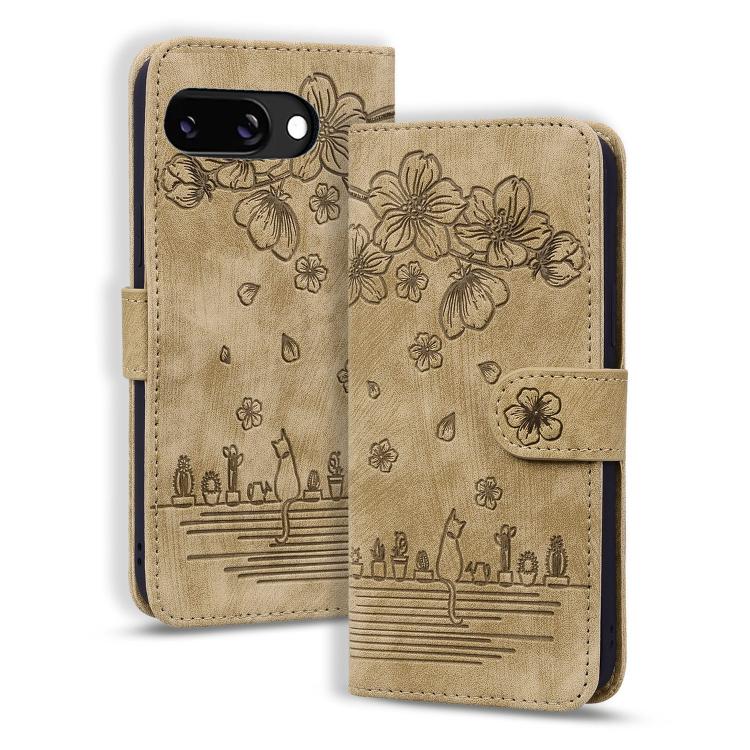 

For Google Pixel 9a Cartoon Sakura Cat Embossed Leather Phone Case(Brown)