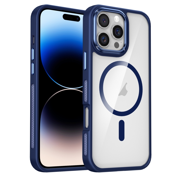 

For iPhone 14 Pro Max Breathable Skin Feel Transparent MagSafe Magnetic Phone Case(Dark Blue)