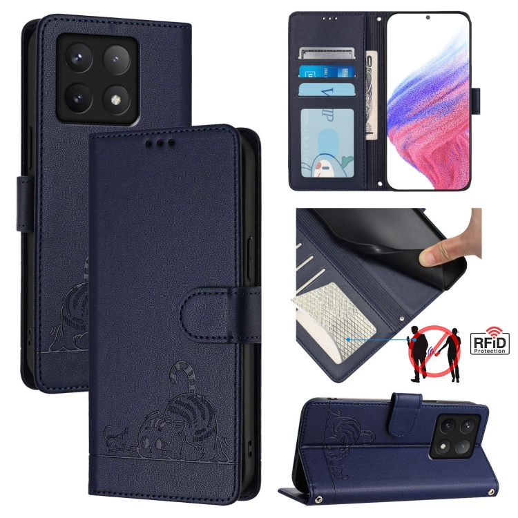 

For Xiaomi 14T Cat Rat Embossed Pattern RFID Leather Phone Case with Lanyard(Blue)