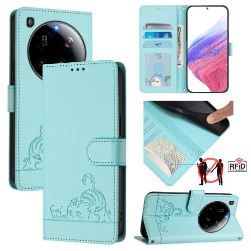 

For Xiaomi 15 Ultra Cat Rat Embossed Pattern RFID Leather Phone Case with Lanyard(Mint Green)