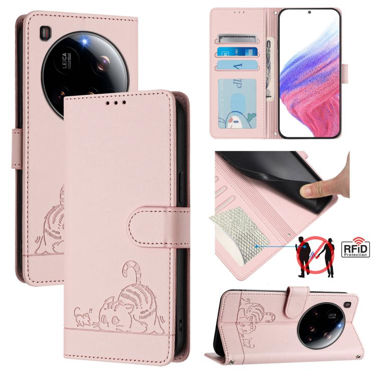 

For Xiaomi 15 Ultra Cat Rat Embossed Pattern RFID Leather Phone Case with Lanyard(Pink)
