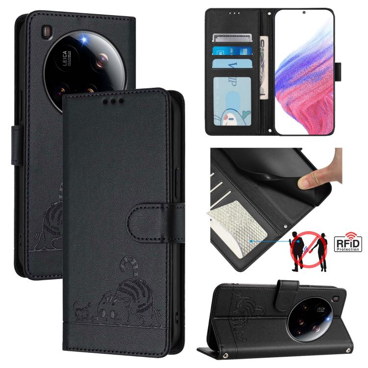 

For Xiaomi 15 Ultra Cat Rat Embossed Pattern RFID Leather Phone Case with Lanyard(Black)