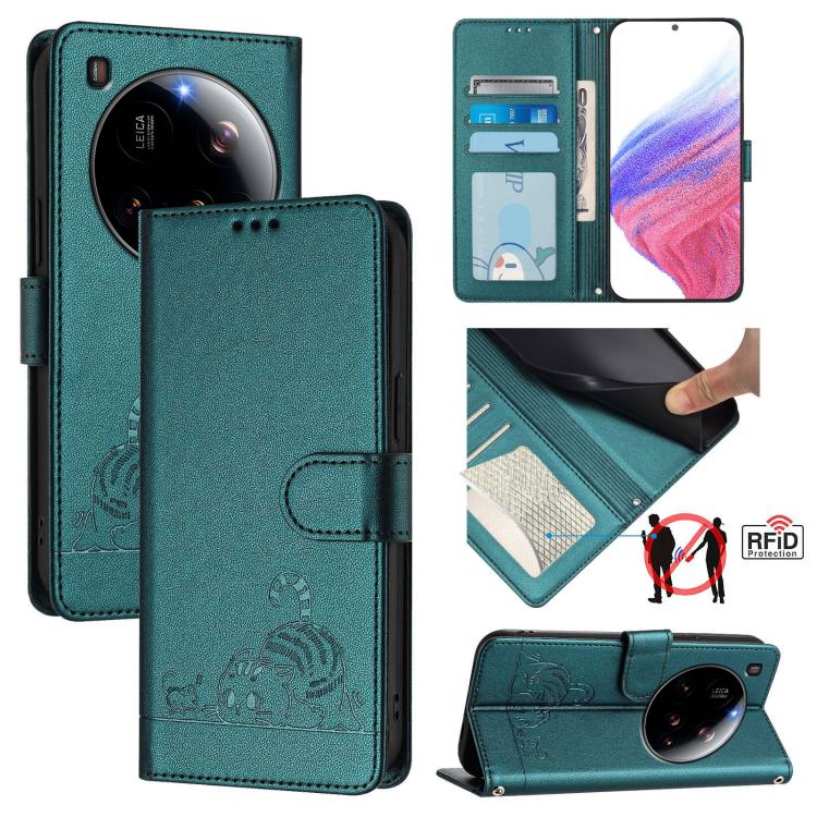 

For Xiaomi 15 Ultra Cat Rat Embossed Pattern RFID Leather Phone Case with Lanyard(Peacock Green)