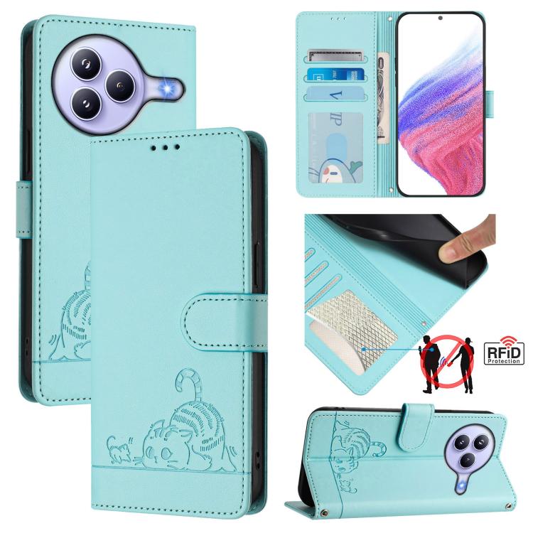 

For Xiaomi Civi 5 Pro 5G Cat Rat Embossed Pattern RFID Leather Phone Case with Lanyard(Mint Green)