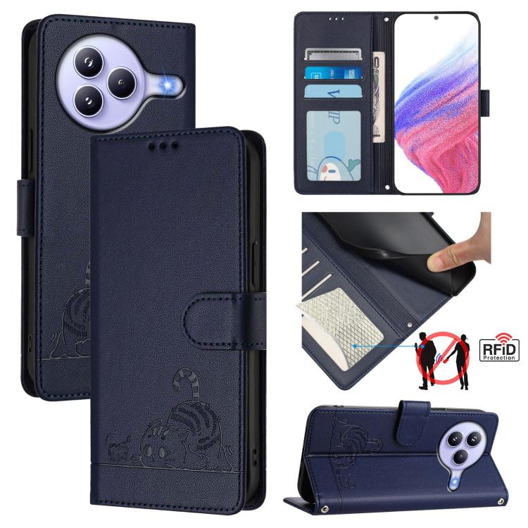 

For Xiaomi Civi 5 Pro 5G Cat Rat Embossed Pattern RFID Leather Phone Case with Lanyard(Blue)