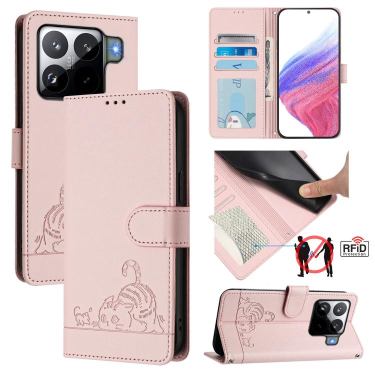 

For Xiaomi 15S Pro 5G Cat Rat Embossed Pattern RFID Leather Phone Case with Lanyard(Pink)