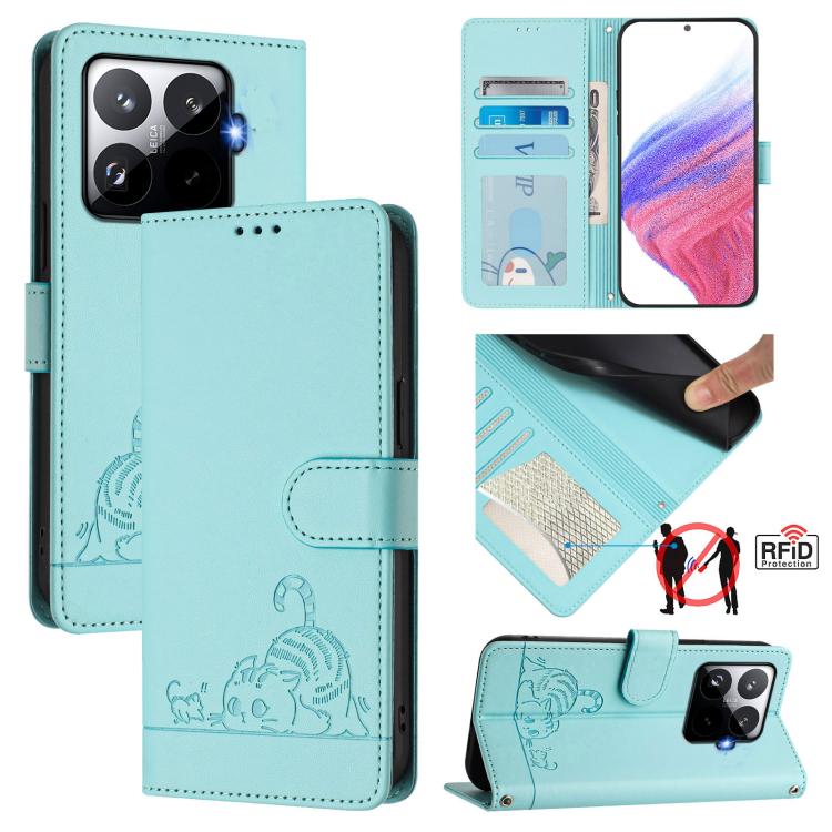 

For Xiaomi 15T Pro 5G Cat Rat Embossed Pattern RFID Leather Phone Case with Lanyard(Mint Green)