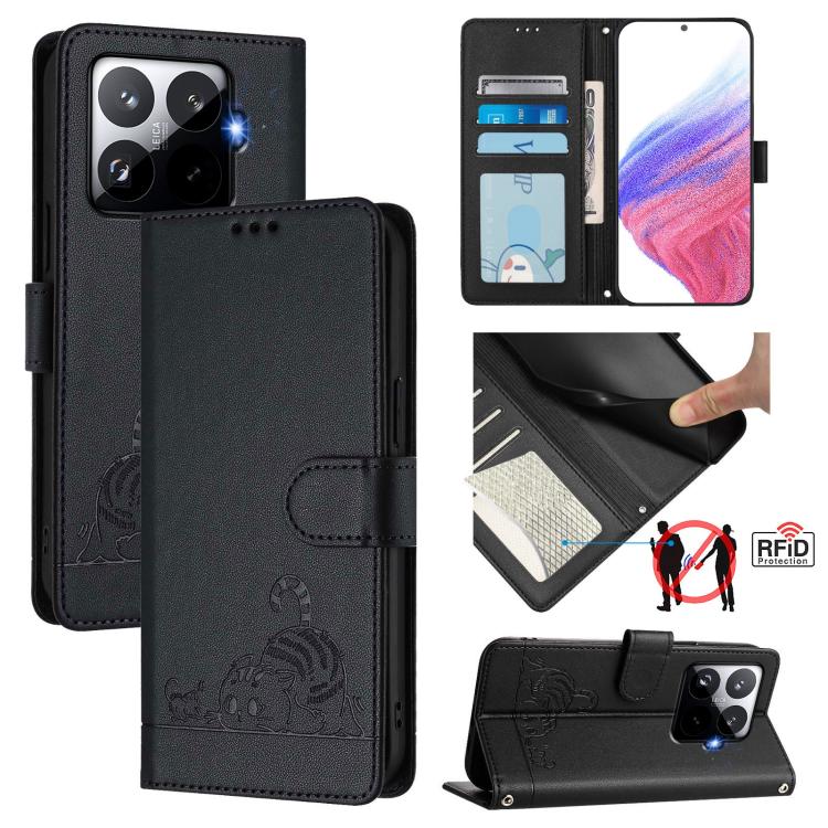 

For Xiaomi 15T Pro 5G Cat Rat Embossed Pattern RFID Leather Phone Case with Lanyard(Black)