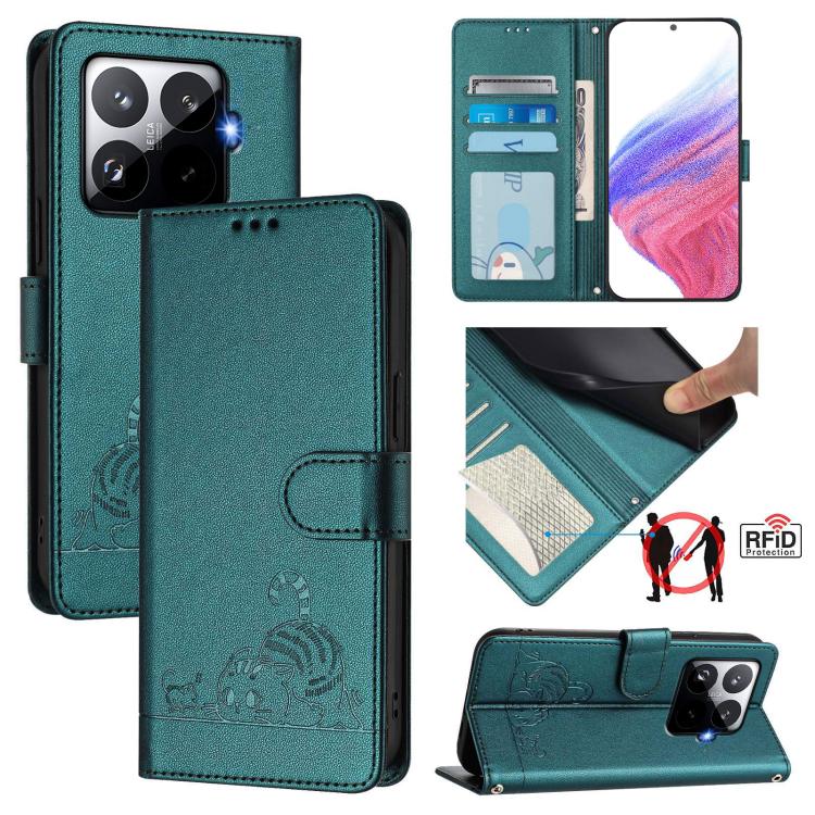 

For Xiaomi 15T Pro 5G Cat Rat Embossed Pattern RFID Leather Phone Case with Lanyard(Peacock Green)
