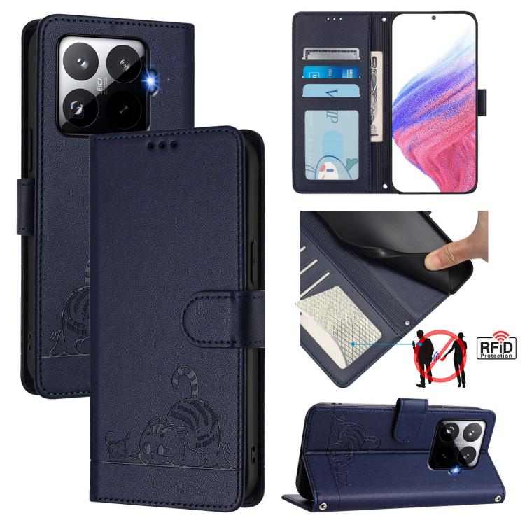 

For Xiaomi 15T Pro 5G Cat Rat Embossed Pattern RFID Leather Phone Case with Lanyard(Blue)