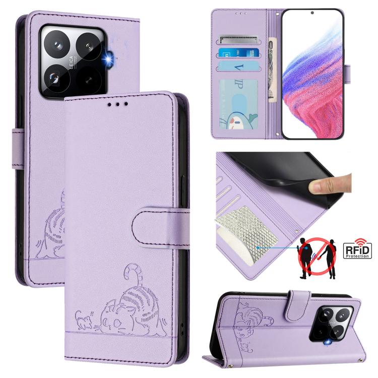 

For Xiaomi 15T Pro 5G Cat Rat Embossed Pattern RFID Leather Phone Case with Lanyard(Purple)