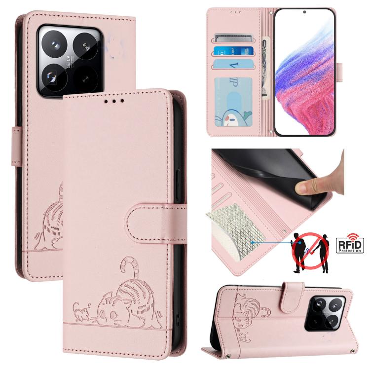 

For Xiaomi 15T 5G Cat Rat Embossed Pattern RFID Leather Phone Case with Lanyard(Pink)