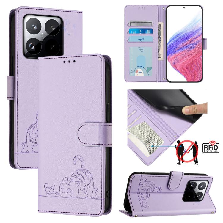 

For Xiaomi 15T 5G Cat Rat Embossed Pattern RFID Leather Phone Case with Lanyard(Purple)