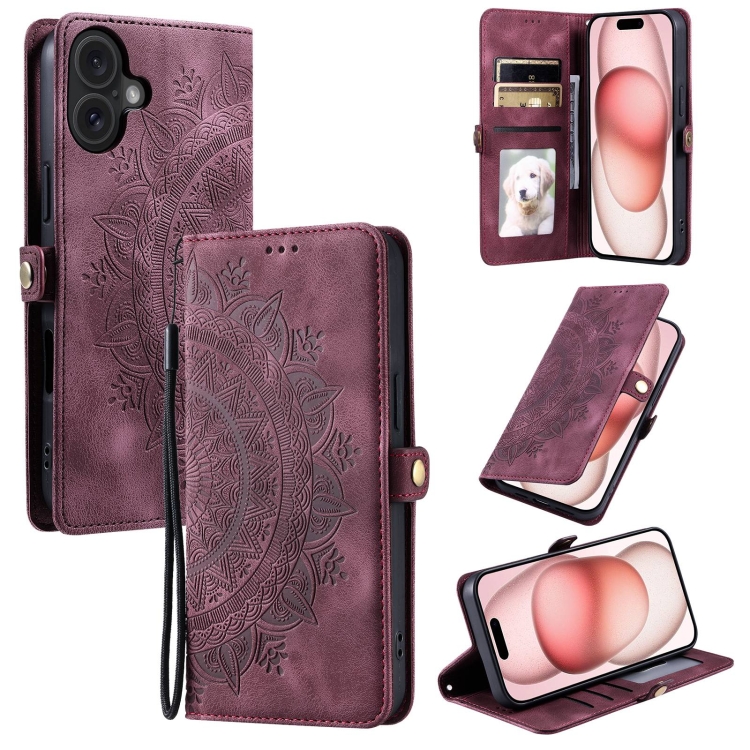 

For iPhone 16 Plus Skin Feel Totem Embossed Leather Phone Case(Wine Red)
