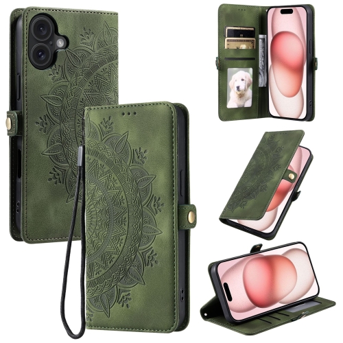 

For iPhone 16 Skin Feel Totem Embossed Leather Phone Case(Deep Green)