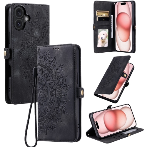 

For iPhone 16 Skin Feel Totem Embossed Leather Phone Case(Black)