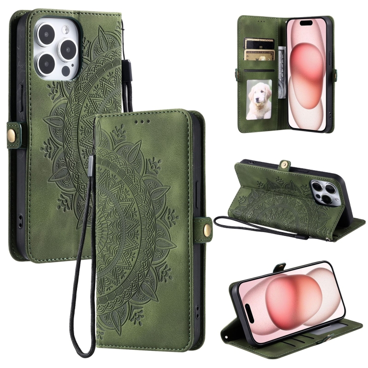 

For iPhone 15 Pro Max Skin Feel Totem Embossed Leather Phone Case(Deep Green)