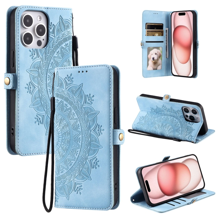 

For iPhone 15 Pro Skin Feel Totem Embossed Leather Phone Case(Blue)