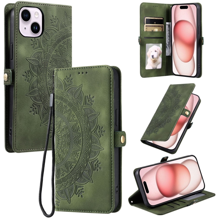 

For iPhone 15 Plus Skin Feel Totem Embossed Leather Phone Case(Deep Green)